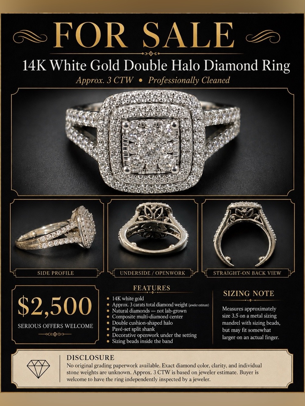 14K White Gold Double Halo Diamond Ring - White